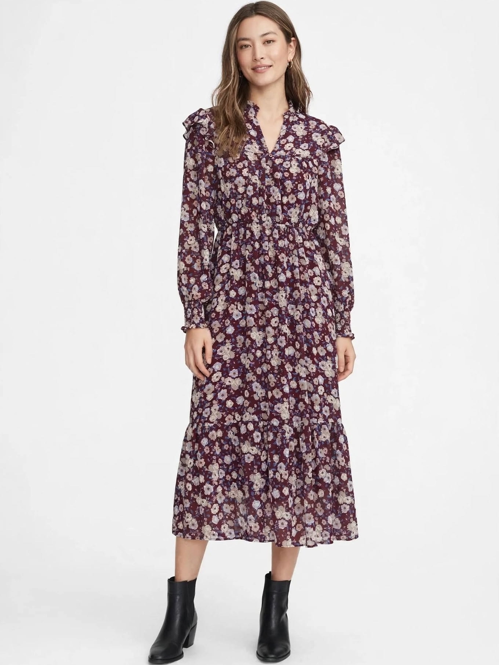 Floral Ruffle-Shoulder Midi Dress in Plum